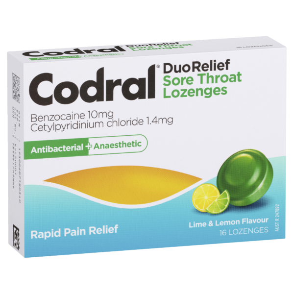 Codral Duo Relief Sore Throat Lozenges Antibacterial + Anaesthetic Lime & Lemon 16 Pack