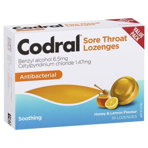 Codral Sore Throat Lozenges Antibacterial Honey & Lemon 36 Pack